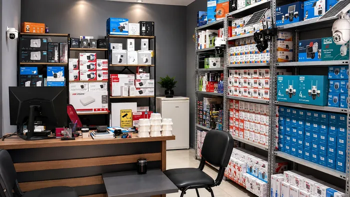 Satış ve teknik destek masası ile stok rafları